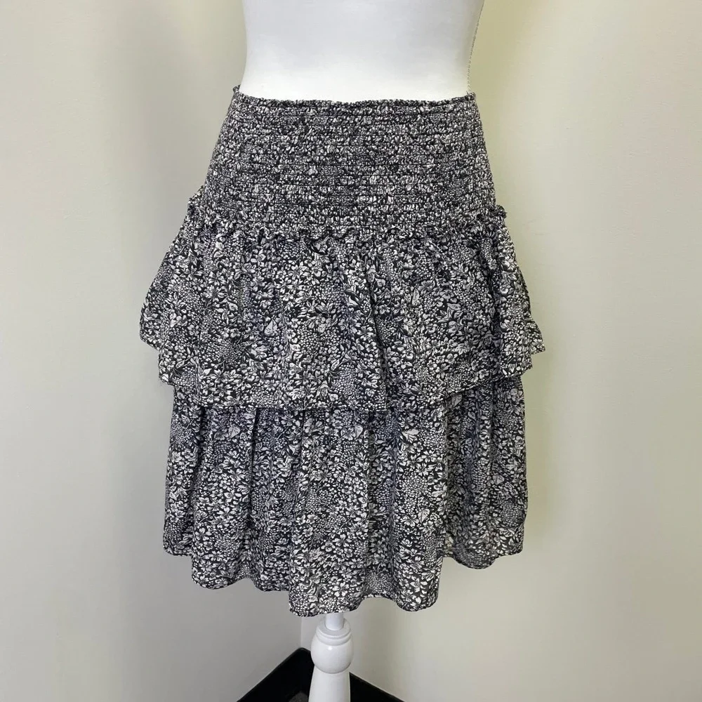 Anthropologie Floral Smocked Tiered Ruffle Mini Skirt S Boho Black White